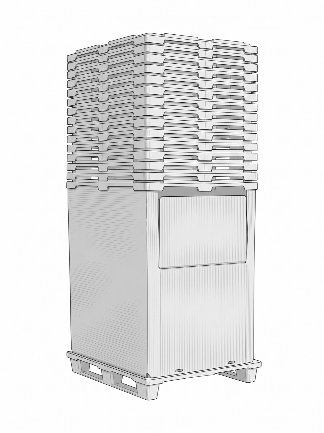 Technical drawing of one NESTAX return module: seventeen pallets nested on a folded sleeve